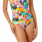 Anne Cole Women's Printed Plumeria Scoop Neck Shirred One Piece Swimsuit Blue Size 6