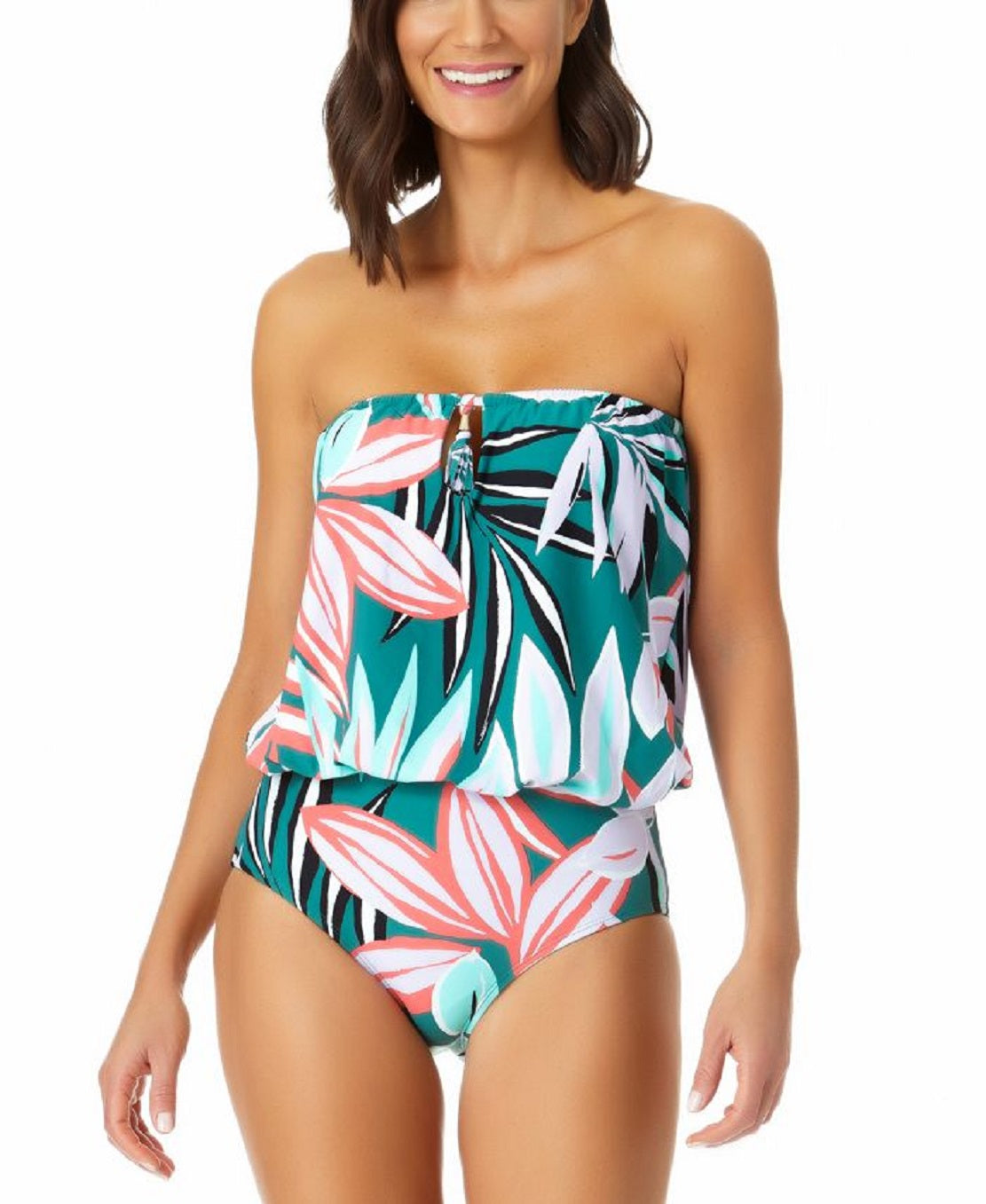 Anne Cole Women's Zesty Tropical Blouson One Piece Keyhole Swimsuit Green