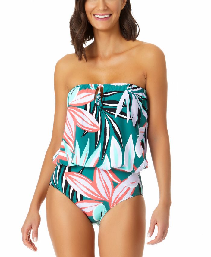 Anne Cole Women's Zesty Tropical Blouson One Piece Keyhole Swimsuit Green Size 10
