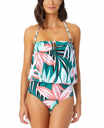 Anne Cole Women's Zesty Tropical Blouson One Piece Keyhole Swimsuit Green Size 10