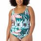 Anne Cole Women's Plus Zesty Tropical Belted Scoop Neck One Piece Swimsuit White Size 20W