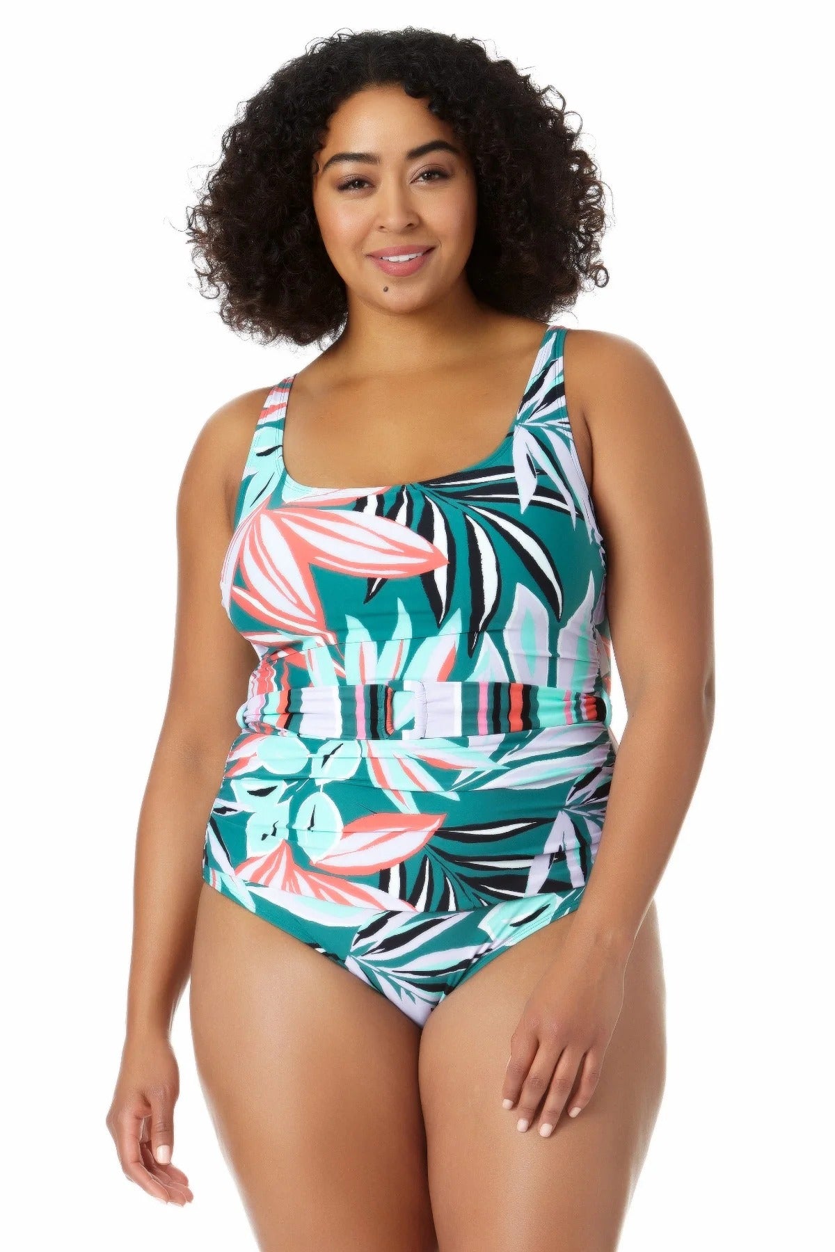 Anne Cole Women's Plus Zesty Tropical Belted Scoop Neck One Piece Swimsuit White Size 20W