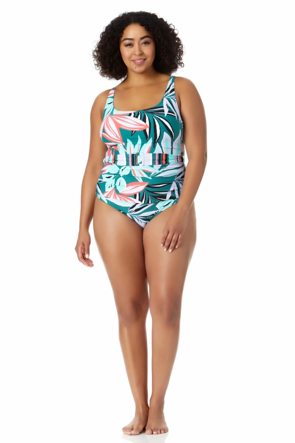 Anne Cole Women's Plus Zesty Tropical Belted Scoop Neck One Piece Swimsuit White Size 20W