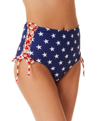 California Waves Junior's Classic Stars And Stripes Side Lace Up High Waist Bottoms Swimsuit Blue