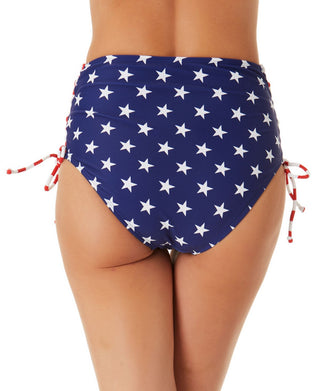 California Waves Junior's Classic Stars And Stripes Side Lace Up High Waist Bottoms Swimsuit Blue