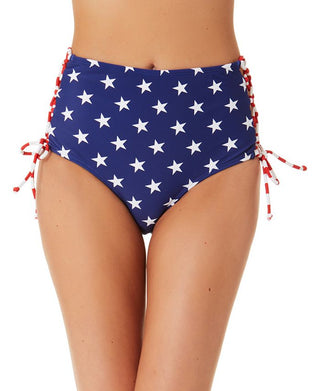 California Waves Junior's Classic Stars And Stripes Side Lace Up High Waist Bottoms Swimsuit Blue