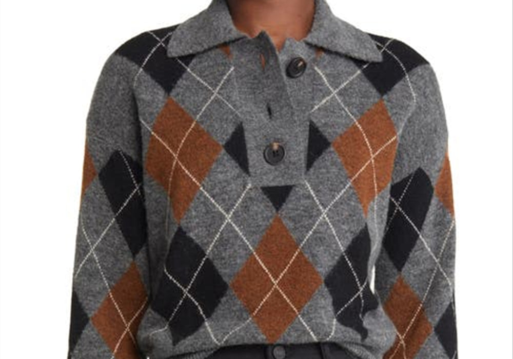 Rails Shae Argyle Polo Sweater in Heather Toffee Arglye Size Large