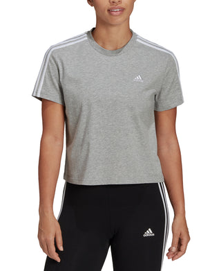 adidas Women's Cotton Cropped 3 Stripe T-Shirt Gray Size Large