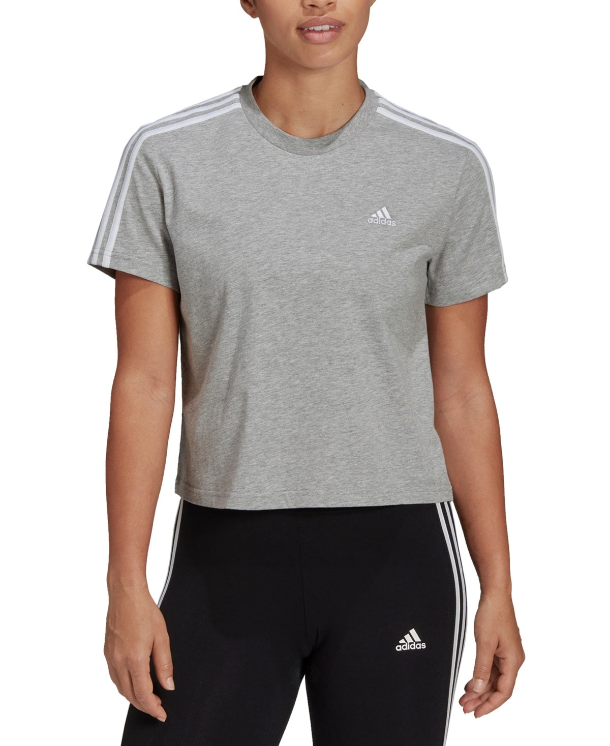 adidas Women's Cotton Cropped 3 Stripe T-Shirt Gray Size Small