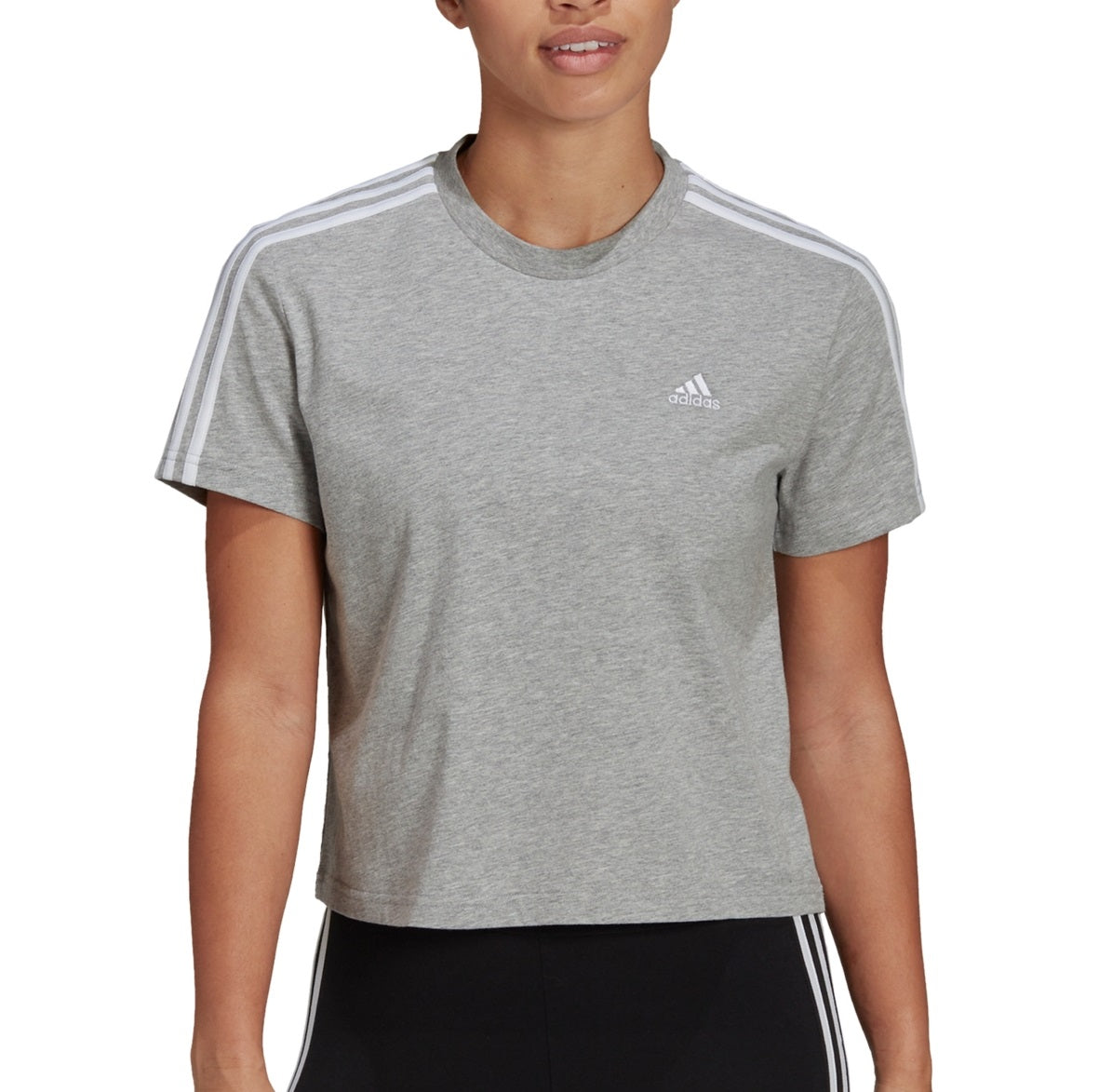 adidas Women's Cotton Cropped 3 Stripe T-Shirt Gray Size Small