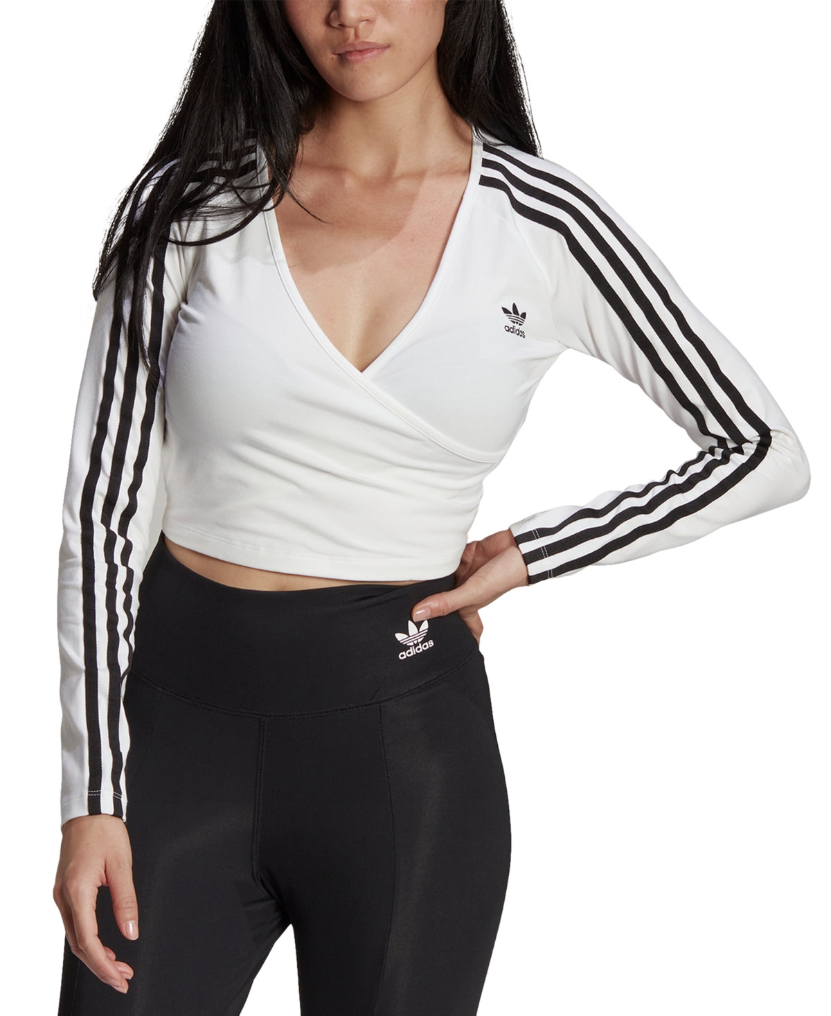 adidas Women's 3 Stripes Long Sleeve Crop T-Shirt White Size Small
