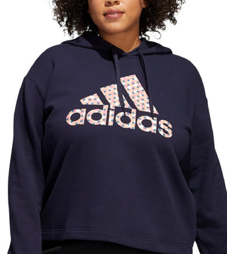 adidas Women's Fleece Ribbed Drawstring Hood Step Logo Graphic Sweatshirt Blue