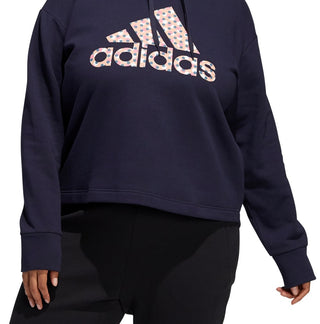 adidas Women's Fleece Ribbed Drawstring Hood Step Logo Graphic Sweatshirt Blue