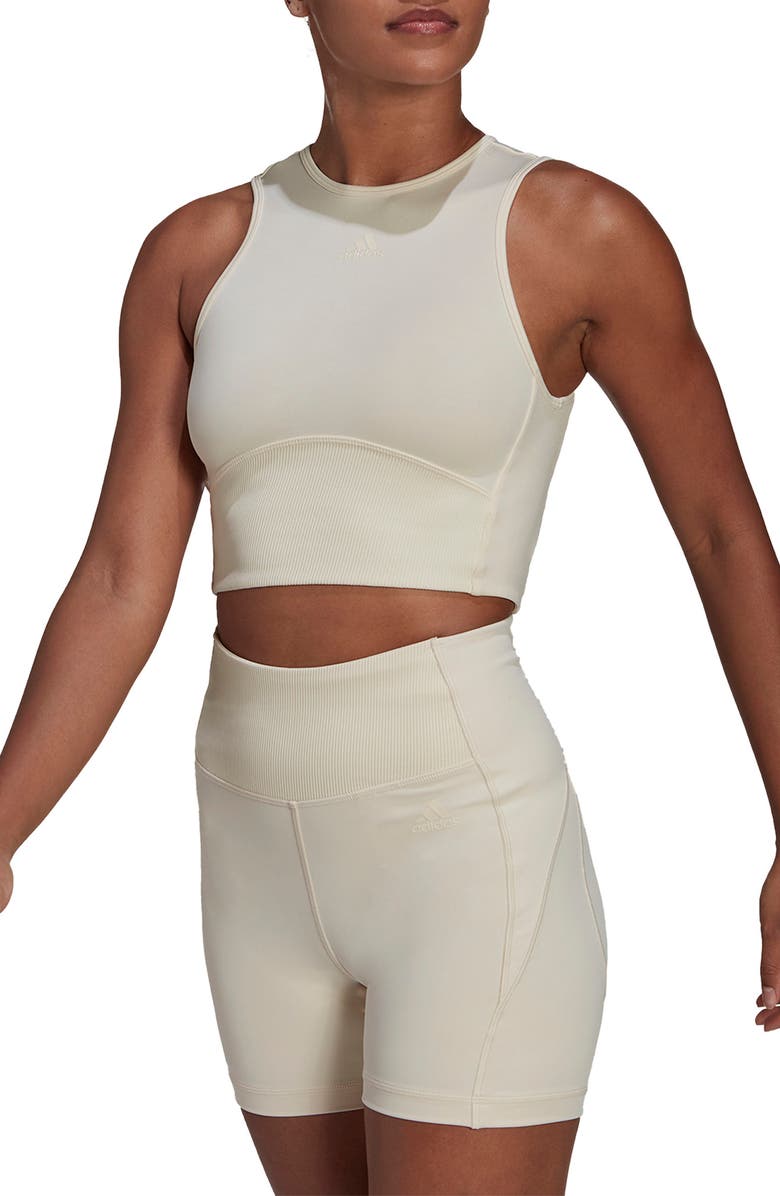 adidas Women's Hyperglam Recycled Blend Training Crop Top Beige Size Small
