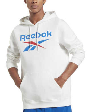Reebok Men's Identity Classic Fit Stacked Logo Print Fleece Hoodie White Size X-Large
