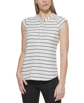 Calvin Klein Women's Striped Cap Sleeve Henley White Size X-Large