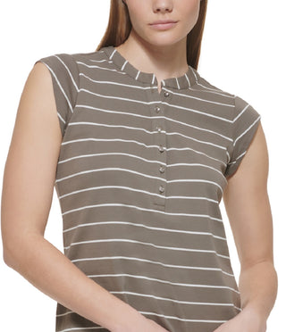 Calvin Klein Women's Striped Cap Sleeve Henley White Size X-Large
