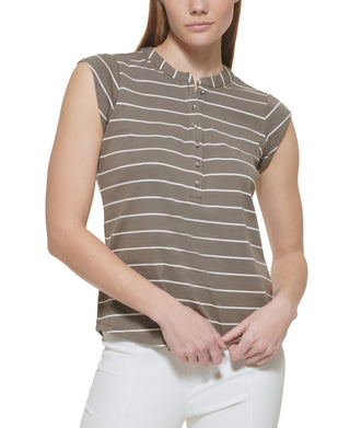 Calvin Klein Women's Striped Cap Sleeve Henley White Size X-Large