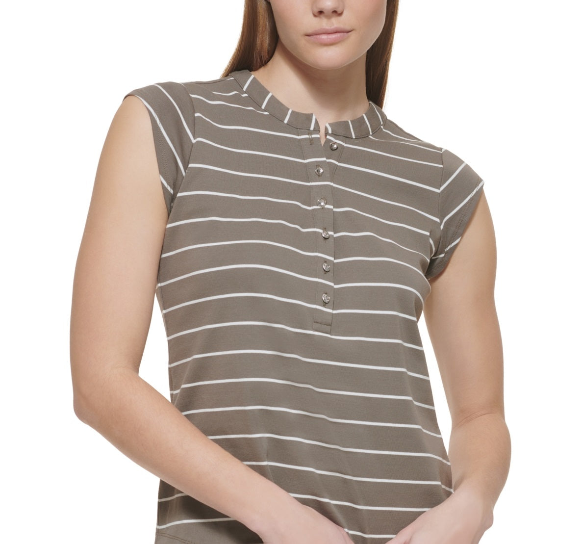 Calvin Klein Women's Striped Cap Sleeve Henley Green Size Large