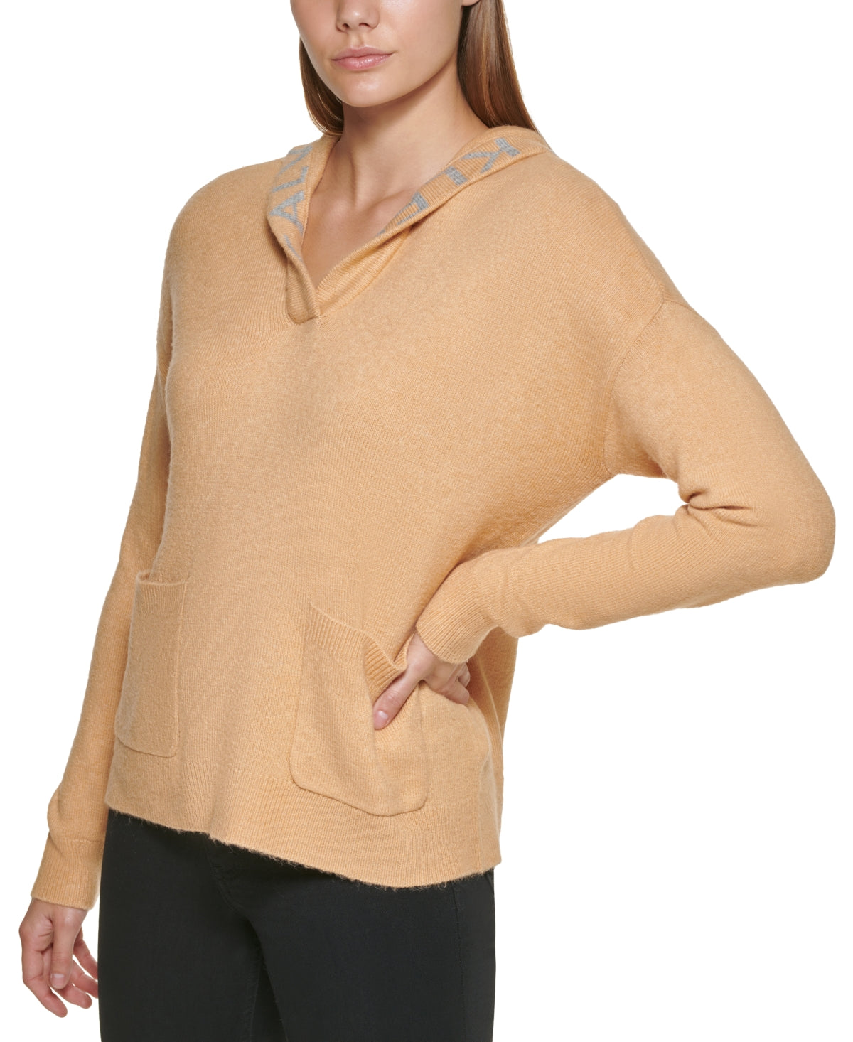 Calvin Klein Women's Knit Pocketed Stretch Logo Graphic Long Sleeve V Neck Hoodie Sweater Gold Size X-Large