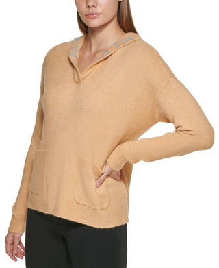 Calvin Klein Women's Knit Pocketed Stretch Logo Graphic Long Sleeve V Neck Hoodie Sweater Gold Size X-Large