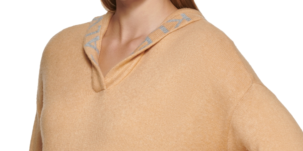 Calvin Klein Women's Knit Pocketed Stretch Logo Graphic Long Sleeve V Neck Hoodie Sweater Gold Size X-Large