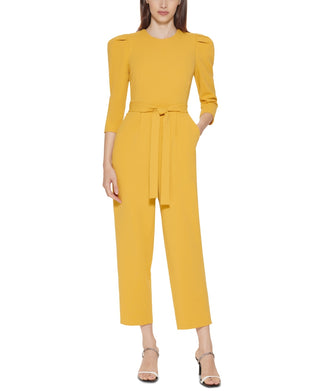 Calvin Klein Women's Belted Puff Shoulder Jumpsuit Yellow Size 8