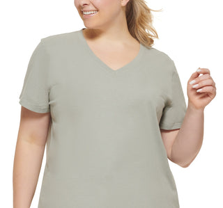 Calvin Klein Women's Logo Patch V Neck T-Shirt Green