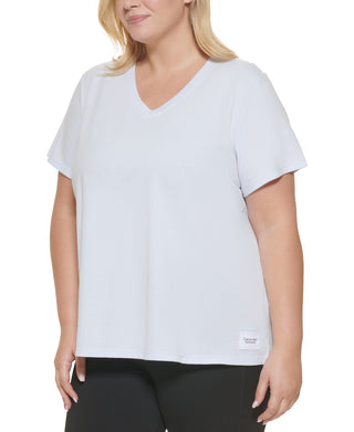Calvin Klein Women's Logo Patch V Neck T-Shirt Blue Size 1X