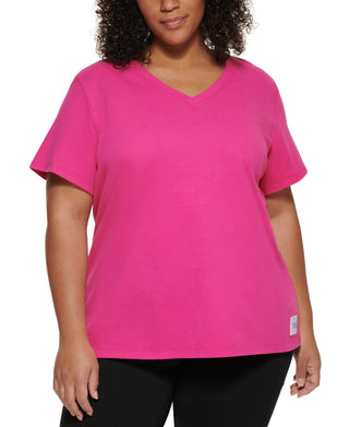 Calvin Klein Women's Performance Plus Logo Patch V Neck T-Shirt Pink Size 1X