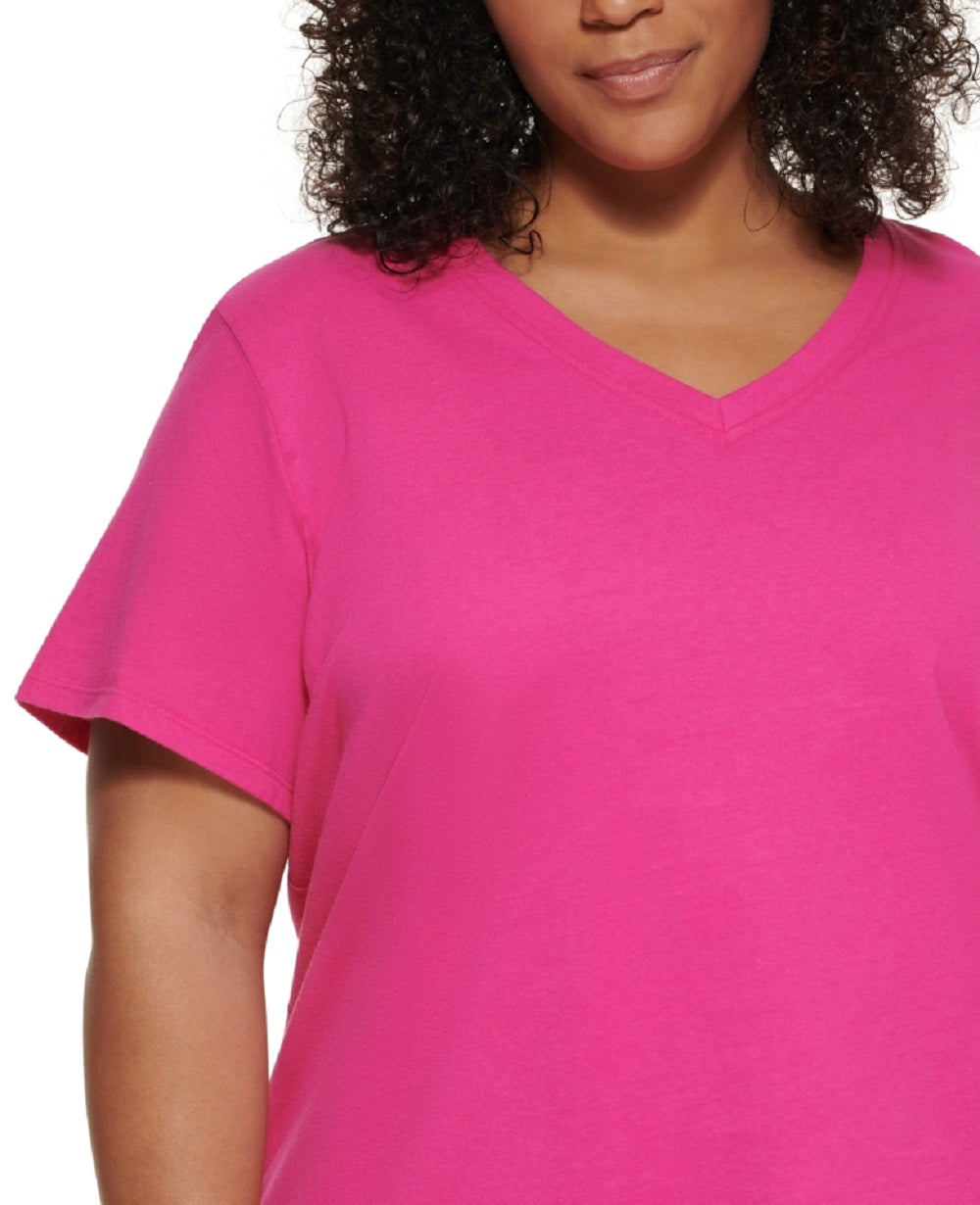 Calvin Klein Women's Performance Plus Logo Patch V Neck T-Shirt Pink Size 1X