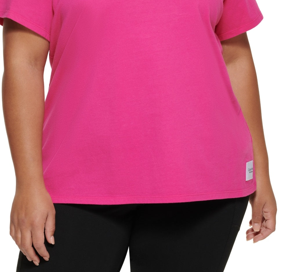 Calvin Klein Women's Performance Plus Logo Patch V Neck T-Shirt Pink Size 1X