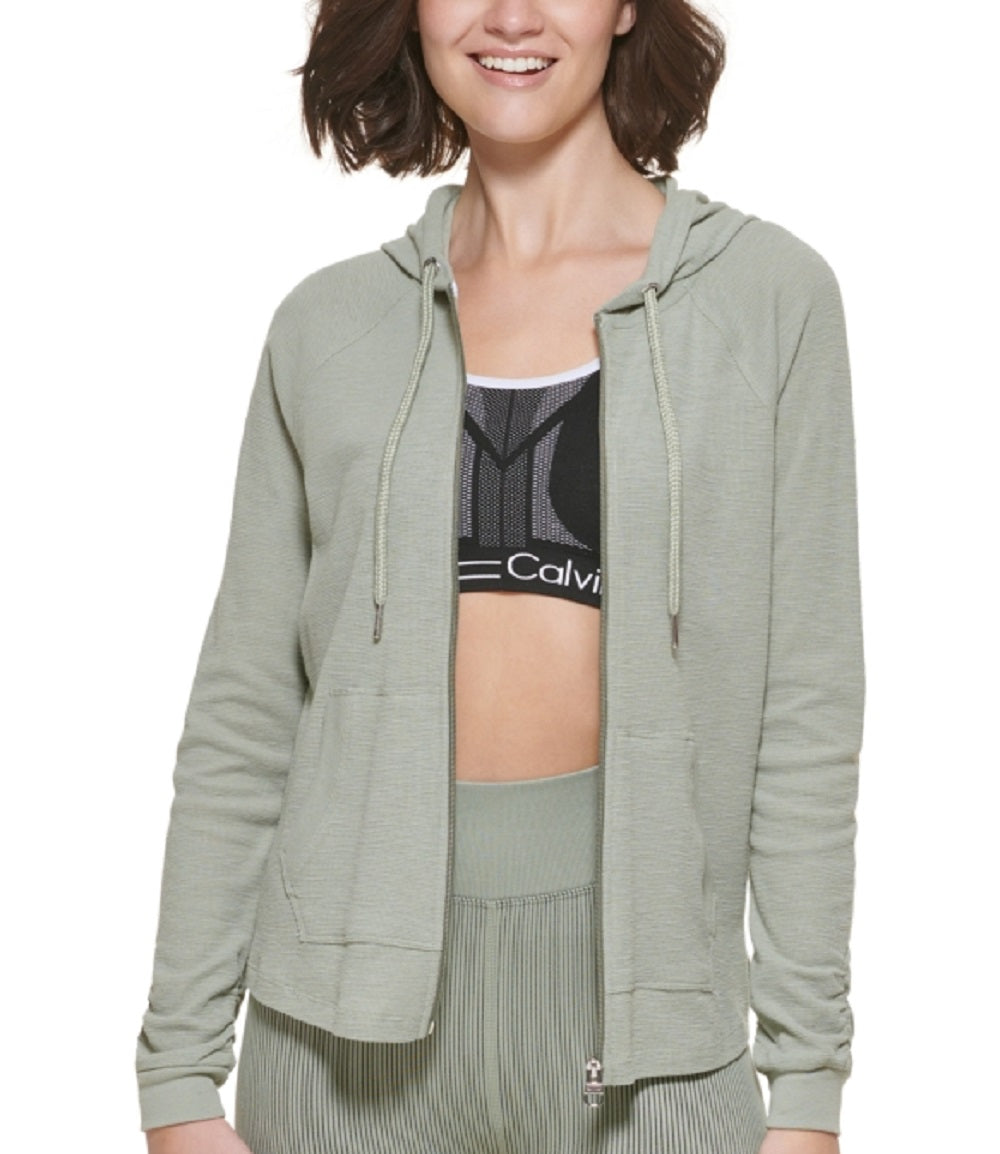 Calvin Klein Women's Ruched Sleeve Zip Hoodie Green Size Medium