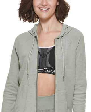 Calvin Klein Women's Ruched Sleeve Zip Hoodie Green Size Medium