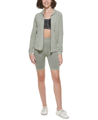 Calvin Klein Women's Ruched Sleeve Zip Hoodie Green Size Medium