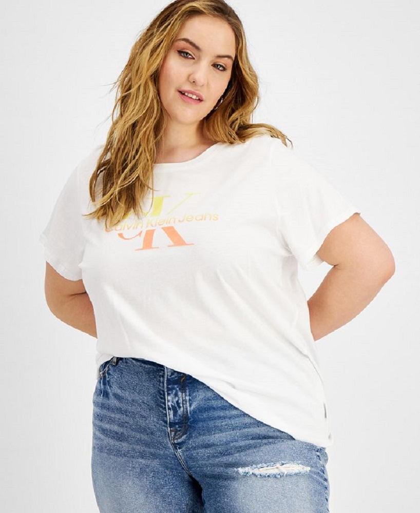 Calvin Klein Women's Watercolor Ck Logo Iconic T-Shirt White Size 2X