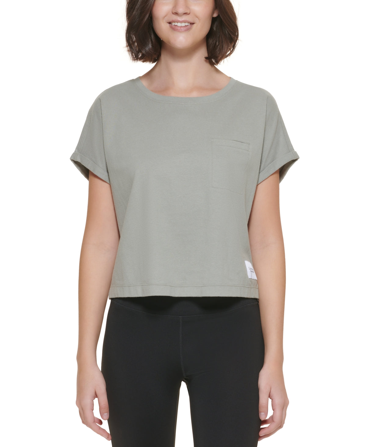 Calvin Klein Women's Bungee Hem Pocket Cotton T-Shirt Green Size