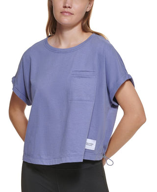 Calvin Klein Women's Bungee Hem Pocket Cotton T Shirt Blue Size Large