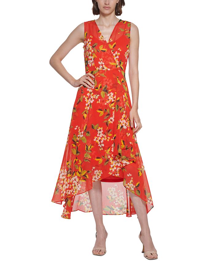 Calvin Klein Women's Printed Surplice Midi Dress Red Size 12