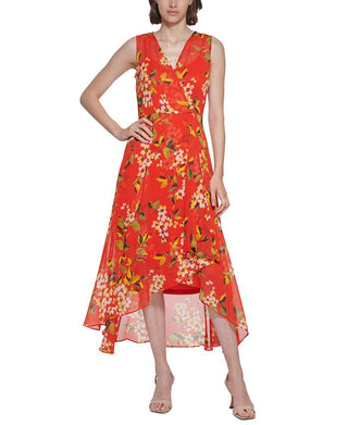 Calvin Klein Women's Printed Surplice Midi Dress Red Size 12