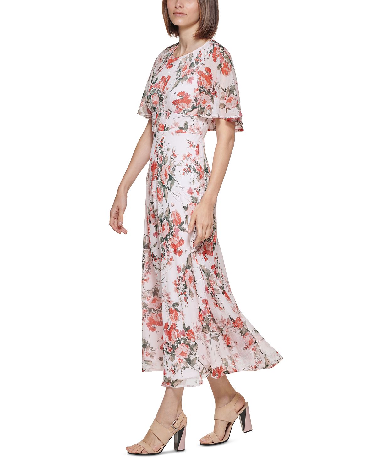 Calvin Klein Women's Floral Print Capelet Maxi Dress Pink Size 8