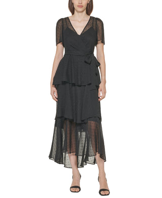 Calvin Klein Women's Clip Dot Tiered Ruffle Dress Black Size 10