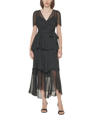 Calvin Klein Women's Clip Dot Tiered Ruffle Dress Black Size 6