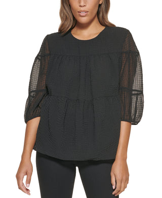 Calvin Klein Women's Textured Chiffon 3/4 Sleeve Blouse Black Size Medium