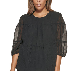 Calvin Klein Women's Textured Chiffon 3/4 Sleeve Blouse Black Size Medium