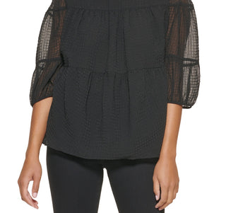 Calvin Klein Women's Textured Chiffon 3/4 Sleeve Blouse Black Size Medium