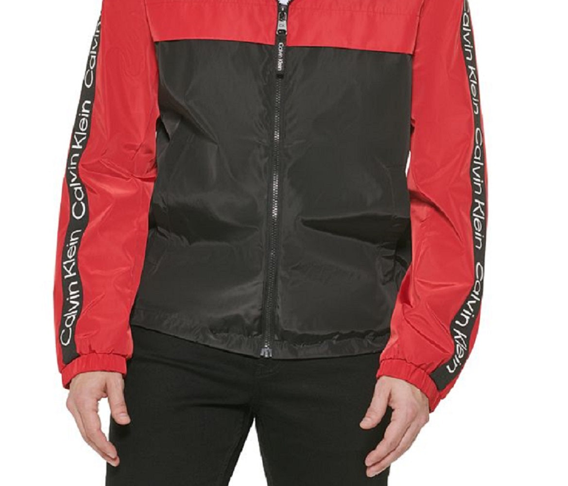Calvin Klein Men's Logo Taped Sleeves Hooded Windbreaker Jacket Red Size Large