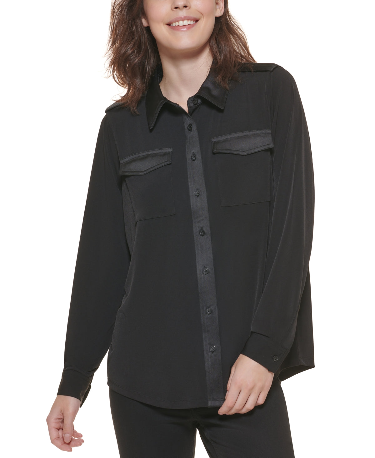 Calvin Klein Women's Button Front Long Sleeve Blouse Black Size Large