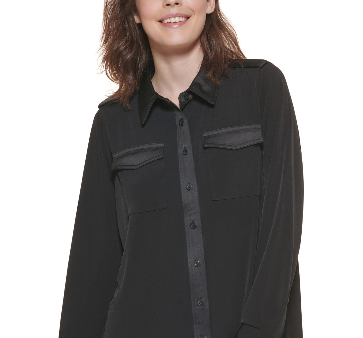 Calvin Klein Women's Button Front Long Sleeve Blouse Black Size Large