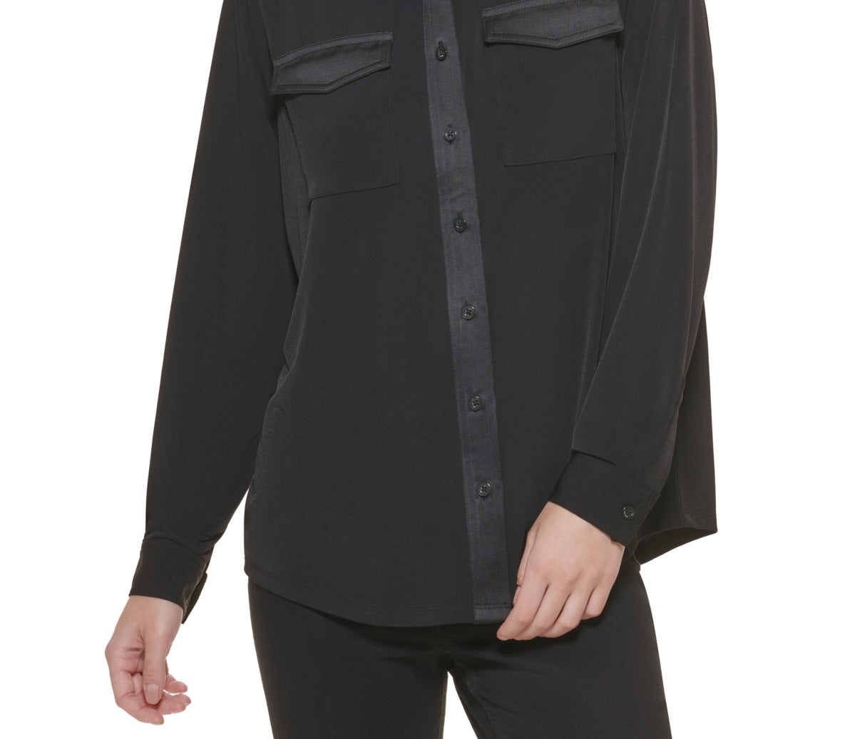 Calvin Klein Women's Button Front Long Sleeve Blouse Black Size Large